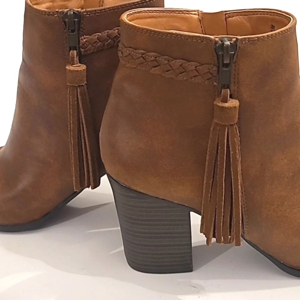 Esprit Rowdy Ankle Boot Square Chunky Block Heel Tassel Zip Up Round Toe Braided